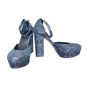 Shellys London Womens Blue Glitter Platform Block Heel Ankle Strap Size 37 6.5